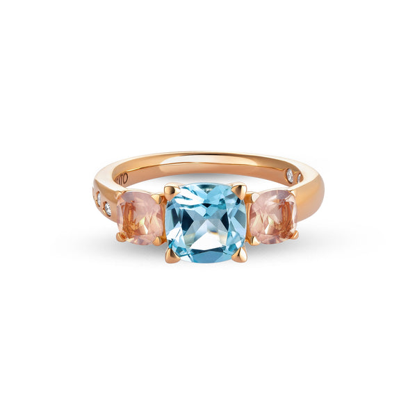 Anello Back to Origin con topazio azzurro e quarzo rosa
