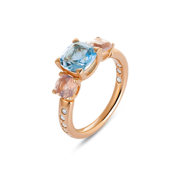 Anello Back to Origin con topazio azzurro e quarzo rosa