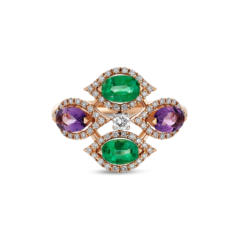 Mikou Vienna ring with emeralds and amethyst