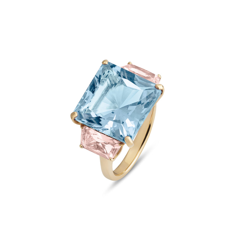 Aqua ring with blue topaz and pink quartz