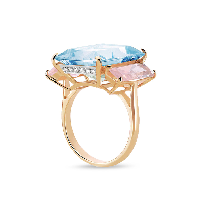 Anello Aqua con topazio azzurro e quarzo rosa