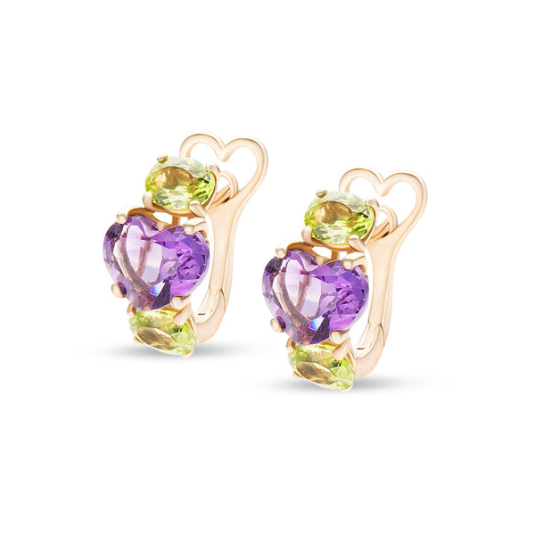 Back to Origin earrings with heart shaped amethyst and peridot