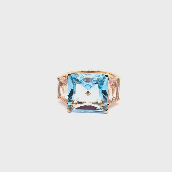 Anello Aqua con topazio azzurro e quarzo rosa