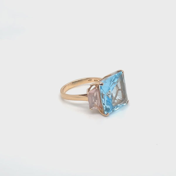Aqua ring with blue topaz and pink quartz