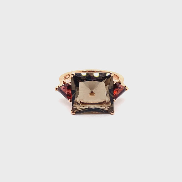 Anello Aqua con quarzo fumé e granato