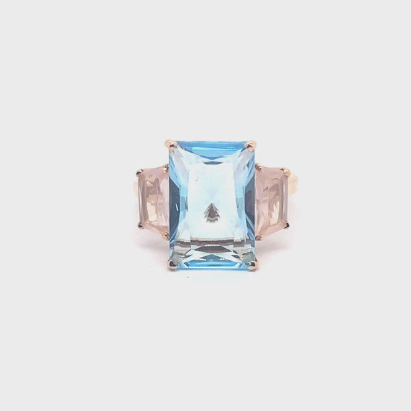 Anello Aqua con topazio azzurro e quarzo rosa